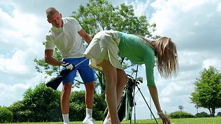 Slutty blonde chick fucks her husband's new caddy