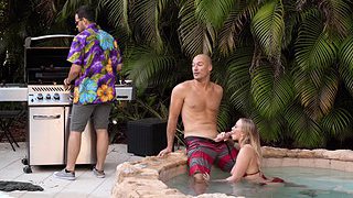 Blonde teen Bailey Brooke is having sex with her boyfriend's boyfriend in the pool