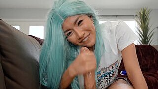 Asian cutie in a wig pleases lucky dude in POV